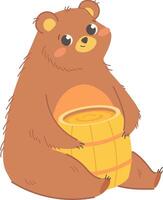 linda dibujos animados oso con barril de Miel. niños ilustración con animales vector
