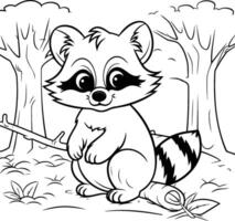 Cute raccoon sitting in the forest. black and white illustration vector