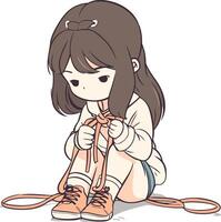 Illustration of a cute little girl tying shoelaces on her sneakers vector