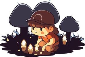linda pequeño chico en un sombrero sentado en un tumba con velas vector
