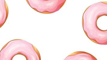 White background with large donuts with pink glaze and coconut shavings. Cartoon illustration for advertising, cafe, bakery, donut store vector