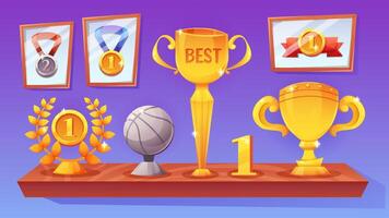 Stand, shelf with awards and trophies in sport or business. cartoon illustration. Gold and silver cups vector