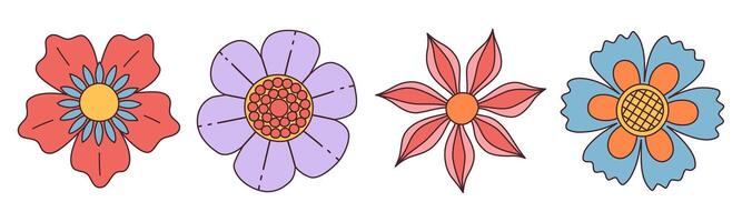 Collection of spring colorful flower. Set Trendy groovy wildflower 70s Vintage style isolated on white. Hand drawn blossom doodle illustration. Bright colorful flowers. Retro floral design. vector