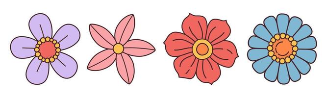 Collection of spring colorful flower. Set Trendy groovy wildflower 70s Vintage style isolated on white. Hand drawn blossom doodle illustration. Bright colorful flowers. Retro floral design. vector