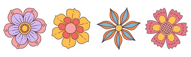 Collection of spring colorful flower. Set Trendy groovy wildflower 70s Vintage style isolated on white. Hand drawn blossom doodle illustration. Bright colorful flowers. Retro floral design. vector