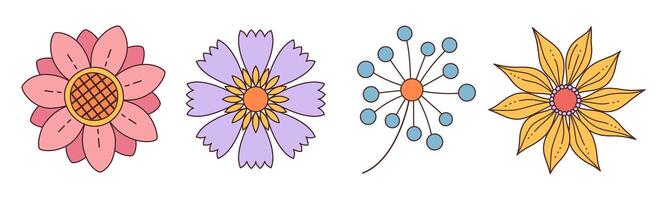 Collection of spring colorful flower. Set Trendy groovy wildflower 70s Vintage style isolated on white. Hand drawn blossom doodle illustration. Bright colorful flowers. Retro floral design. vector