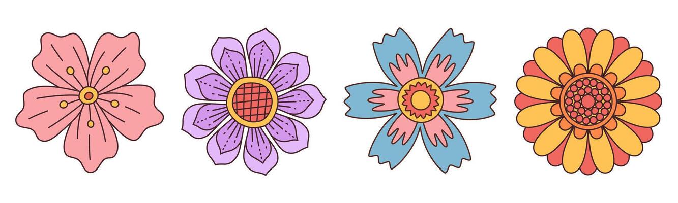 Collection of spring colorful flower. Set Trendy groovy wildflower 70s Vintage style isolated on white. Hand drawn blossom doodle illustration. Bright colorful flowers. Retro floral design.