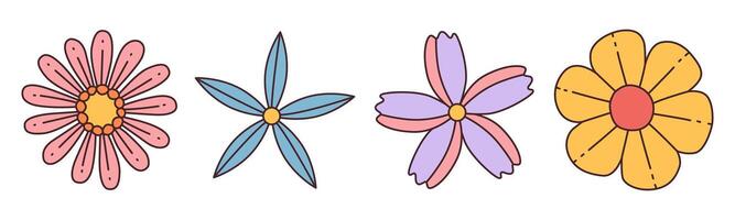 Collection of spring colorful flower. Set Trendy groovy wildflower 70s Vintage style isolated on white. Hand drawn blossom doodle illustration. Bright colorful flowers. Retro floral design. vector