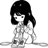 ilustración de un linda pequeño niña atadura cordones de los zapatos en su zapatillas vector