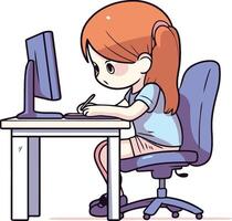 Girl sitting at the desk and working on computer. vector