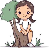 linda pequeño niña sentado en árbol y sonriente. vector