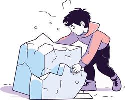 Teenage boy is building a stone wall in cartoon style. vector