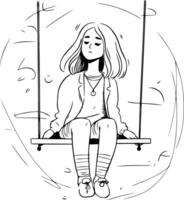 Beautiful girl sitting on swing in sketch style. vector