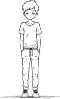 A boy in casual clothes stands on a white background. vector