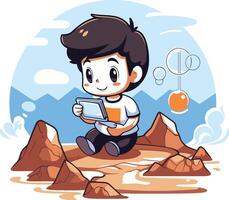 Boy playing game on the rocks in cartoon style. vector