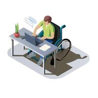 hombre con discapacidades a escritorio trabajando en un computadora. inválido persona en un silla de ruedas haciendo trabajo o comunicar en línea. minusválido personaje a lugar de trabajo, isométrica ilustración. vector