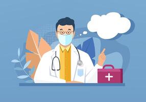 Medicine concept in flat cartoon style with doctor at the table and first aid kit on blue background. Medical man with face mask in white robe uniform pointing by finger on cloudy speech bubble. vector