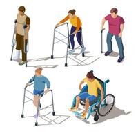 Isometric people with leg injuries, bone breaks or cracks, fracture of foot, orthopedic problems. Characters on crutches, walker, in wheelchair, with stick. Rehabilitation of musculoskeletal disorders vector