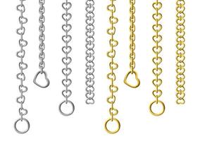 Silver and gold metal chains isolated on white background. set of vertically hanging steel chains with different sizes and shapes of links. Realistic connected stainless rings, upright jewelry. vector