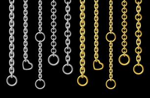 Silver and gold metal chains hanging vertically isolated on black background. set of steel chains with different shapes and sizes of links. Realistic connected stainless rings, upright jewelry. vector