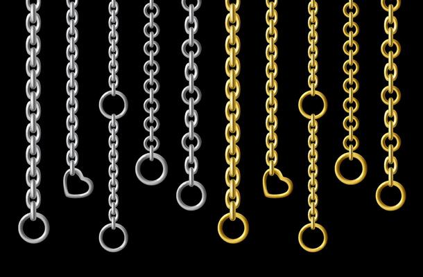 Silver and gold metal chains hanging vertically isolated on black background. set of steel chains with different shapes and sizes of links. Realistic connected stainless rings, upright jewelry.