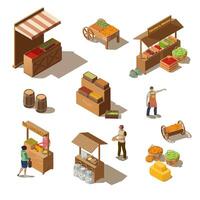 Isometric farmers market with grocery products. Vendors selling fresh healthy vegetables and fruits, narural honey and milk. Agricultural products on stalls. Harvest concept illustration on background vector