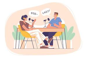 Flat characters with headphones and mic recording audio podcast or online show in studio. Person on radio station host interviewing guest. Happy people in headset talking. Mass media broadcasting. vector