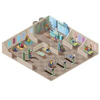 Isometric rehabilitation center for patients with disabilities. Physical therapists help handicapped do exercise for the treatment of injury, fitness therapy and massage. Medical hospital interior. vector