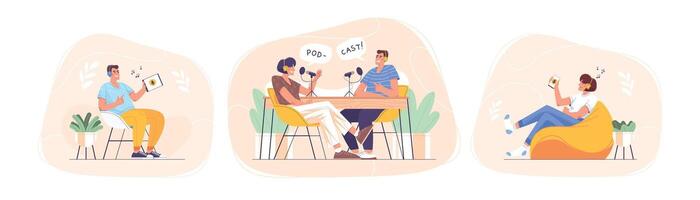 Set of smiling people listening and recording audio podcast or online show flat illustration. Joyful person radio host interviewing guest. Characters in chair with device in hand self educate. vector