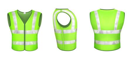 Green safety vest with reflective stripes, uniform for road workers, construction works or drivers. realistic 3d waistcoat with reflectors in front side back view isolated on white background. vector