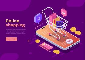 Online shopping, isometric concept illustration. Smartphone screen with buy button, shop cart with bags or purchases, credit card, coins on violet background. Landing web page for mobile app. vector