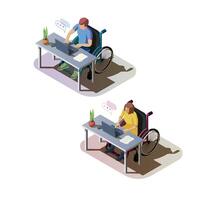 mujer y hombre con invalidez son sentado a mesa y trabajando en el computadora. inválidos en silla de ruedas haciendo trabajo o comunicar en línea. minusválido caracteres a lugar de trabajo, isométrica 3d ilustración. vector