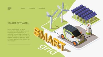 Smart grid concept. Isometric wind turbines and solar panels connected to electric car with charging station. Alternative energy source. 3d web banner. Template landing page for website. vector