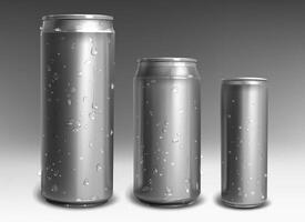Aluminum cans with water drops isolated on gray background. Metal drink bottles for energy drink, soda beverages or beer. Silver empty mockup models with cold condensation for brand design template. vector