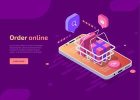 Order online shopping concept. Isometric of ecommerce store with shopping basket with handles, gift box and package on mobile phone screen. App by smartphone, landing page template, web banner. vector