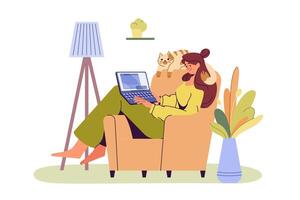 Happy girl with laptop sitting on armchair. Young woman working or studying on a computer. Cozy home office, work at home, online education or social media concept. Flat self employee or freelancer. vector