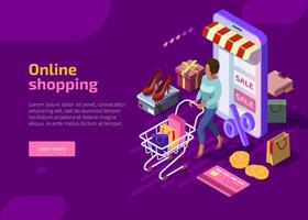 Isometric online shopping concept on violet background, woman with shop cart buy gifts in marketplaces. Sales discount in internet store, ecommerce retail on device. Landing web page for mobile app. vector