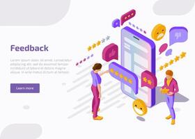 Feedback isometric landing page. Customers stand at huge smartphone screen leaving review and put stars in mobile app. Clients evaluate service or product. 3d illustration, web banner. vector