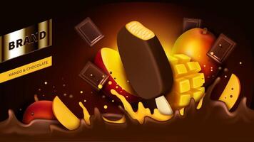 Chocolate popsicle, bar pieces and mango slice falling into liquid crown splash realistic illustration. Mock up wrapper or ad banner for chocolate fruit flavor icecream vector