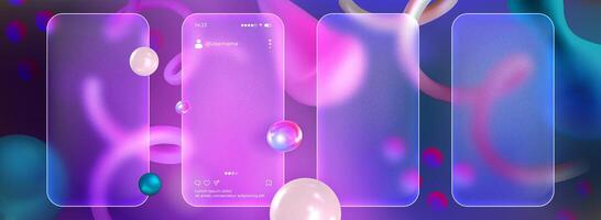 Matte phone screen mockup in glassmorphism style. Realistic set of transparent glass morphism blurred mobile frames or smartphone frosted plates with abstract 3d floating shapes on purple background. vector