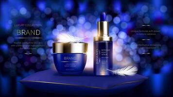 noche cosmético serie para cara piel cuidado, realista . azul tarro de crema y suero botella. productos cosméticos en pie en ultramarino almohada con blanco suave plumas en bokeh antecedentes con brillar vector