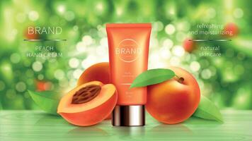 Peach or apricot cosmetics realistic background. Tube with cosmetic skin care cream or scrub, whole and sliced ripe orange fruit and green leaves on natural background with sunshine, ads poster vector