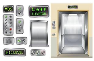 Elevator cabin with open and closed doors inside view, isolated 3d illustration. Realistic empty lift with metal buttons, digital panel with lights, arrows and man, woman and disabled icon. vector