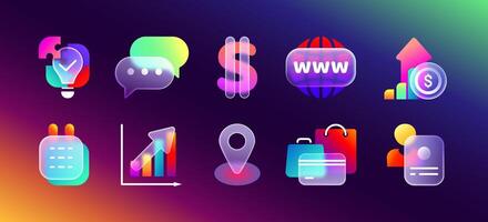 Transparent frosted glass morphism icons with neon gradient. 3d glassmorphism ui icon set of business, finance profit, money income or online shopping sign for mobile app. Realistic matte blur buttons vector