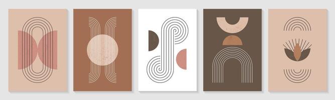 Minimalist zen arch poster collection. Modern boho wall art decor with abstract geometric shapes in nature beige color. covers with contemporary simple line figures in trendy bohemian style. vector