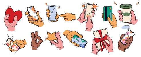 doodle set of colored human hand with phone, cup, heart, star, credit card and gift box isolated on white background. Person holding smartphones and various stuff. People hands show gestures. vector