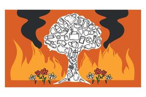 Tree silhouette filled with plastic garbage doodle icon. Fire in forest, nature disaster. Plant and flowers in flame. Environment ecology catastrophe. Save earth planet. Stop wildfire, waste pollution vector