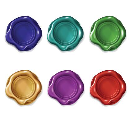 Multicolored wax seals for letter, document, certificate or guarantee. realistic set of blank round wax stamps, isolated on white background. Royal old insignia, vintage label for lock envelope