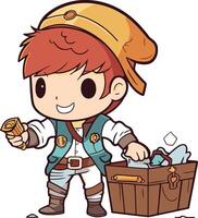 Cute boy with a treasure chest in cartoon style. vector