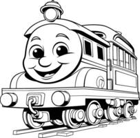 negro y blanco ilustración de un linda dibujos animados tren con un sonriente rostro. vector